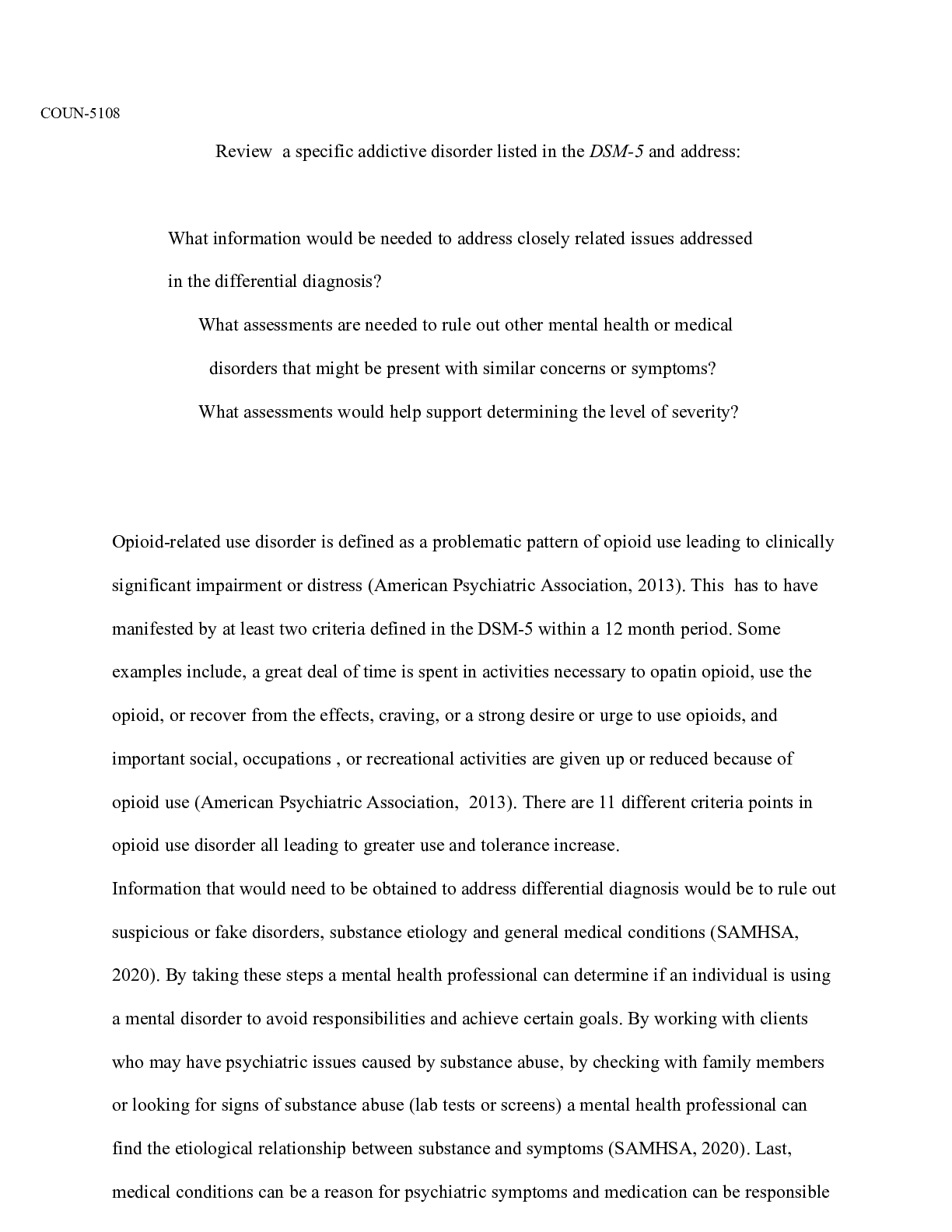 Preview of COUN5108 U05D01.docx  COUN-5108  Review  a specific addictive disorder listed in the DSM-5